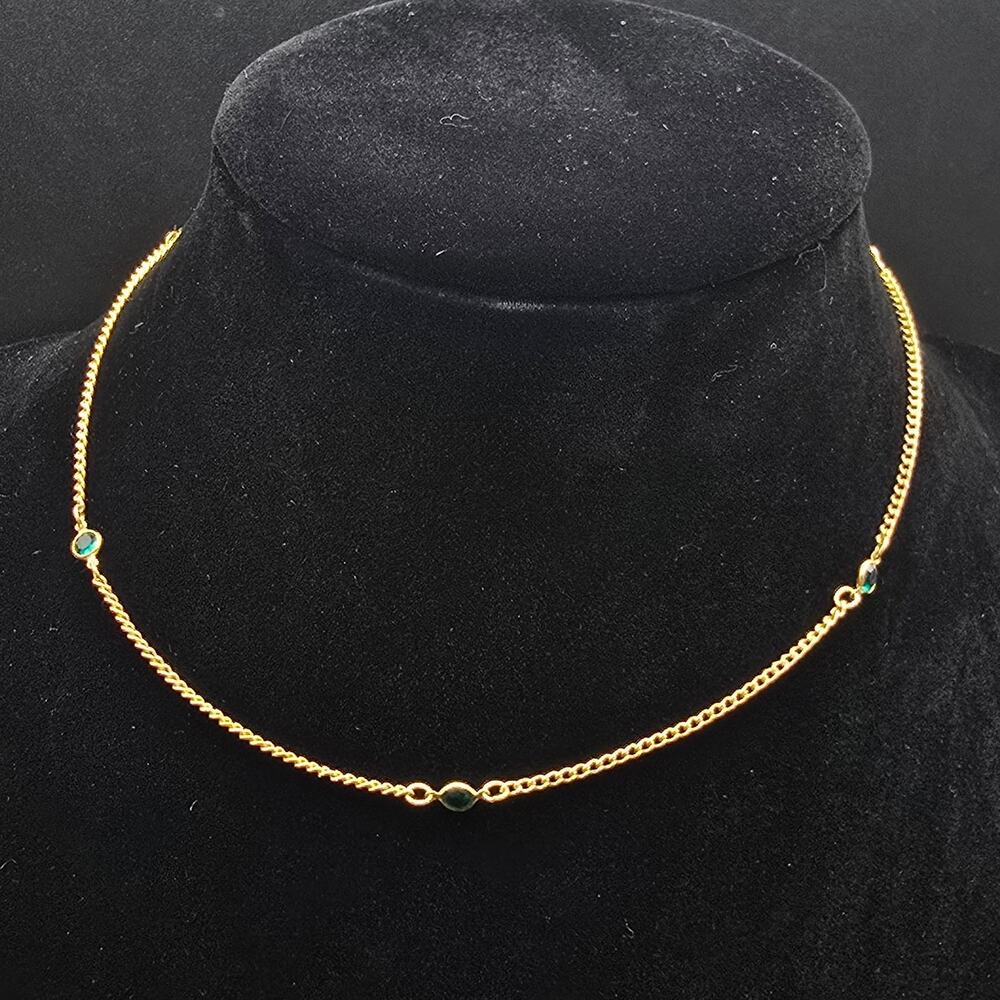 Trifari Gold Tone Green Station Necklace Chain Vintage Costume Jewelry